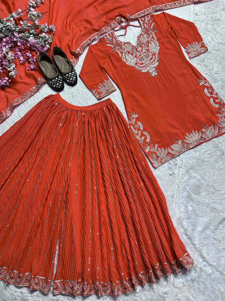 Glimmering  Chinnon Silk Sequence Work Orange Color Sharara Suit