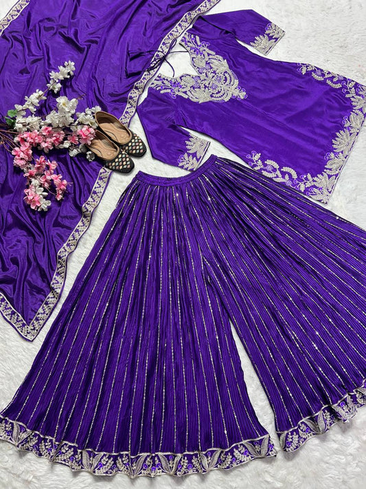 Glimmering  Chinnon Silk Sequence Work Purple Color Sharara Suit