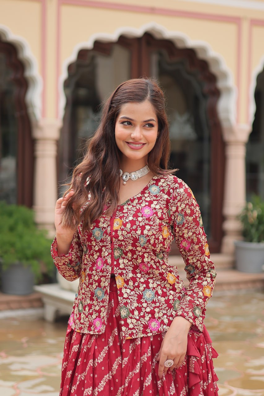 Heavy Sequence Work Maroon Color Top With Lehenga