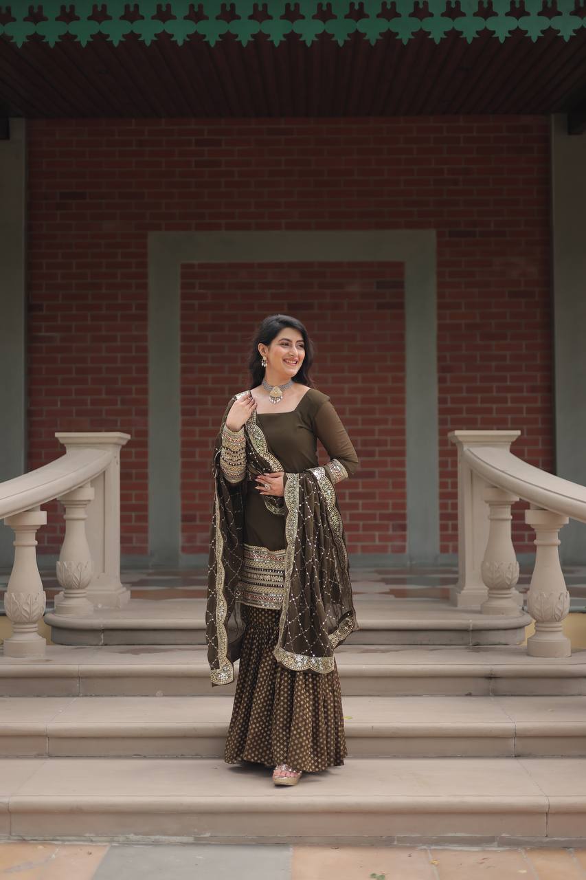 Amazing Mehndi Color Embroidery Work Sharara Suit