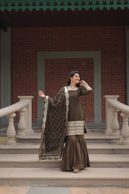 Amazing Mehndi Color Embroidery Work Sharara Suit