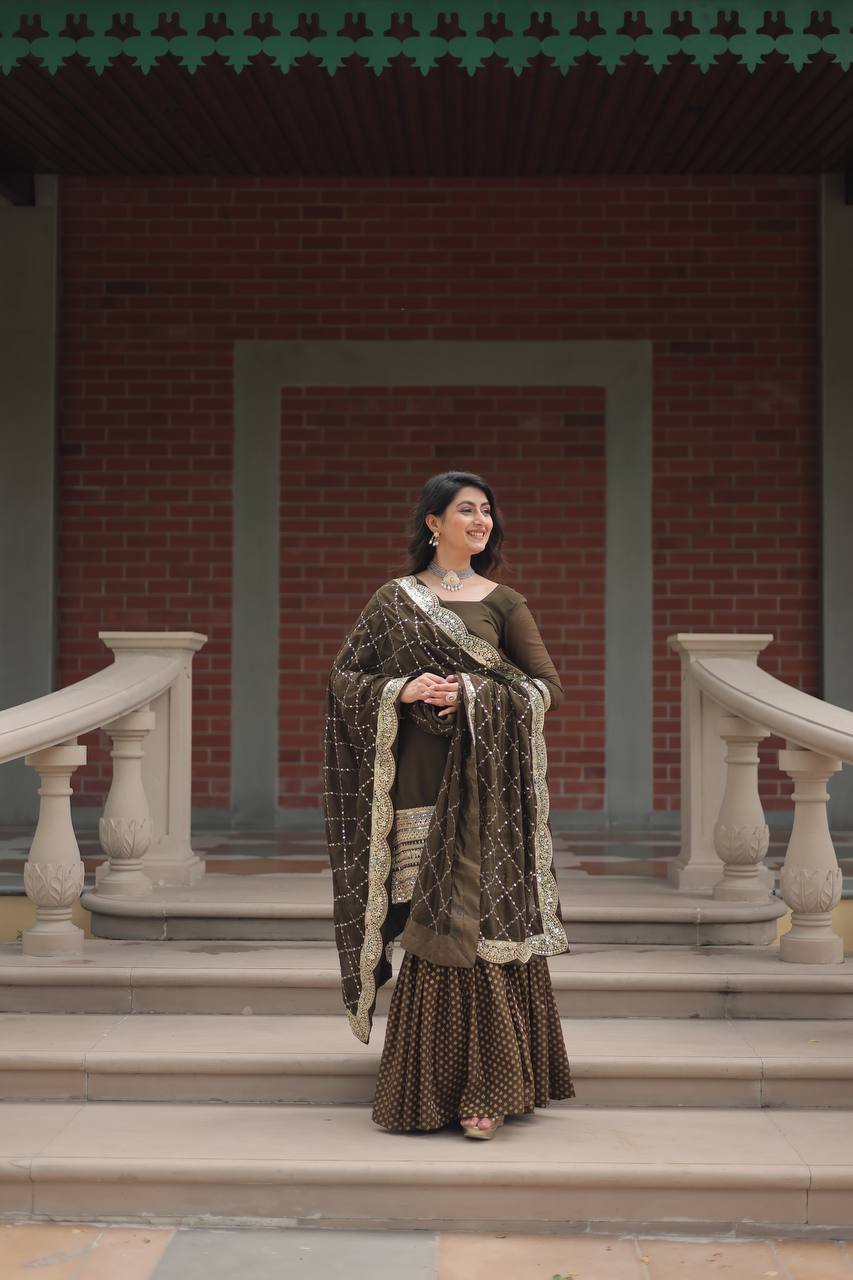 Amazing Mehndi Color Embroidery Work Sharara Suit