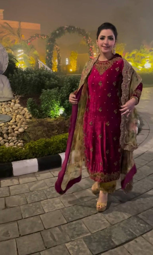 Function Wear Velvet Red Color Sequence Plazzo Suit