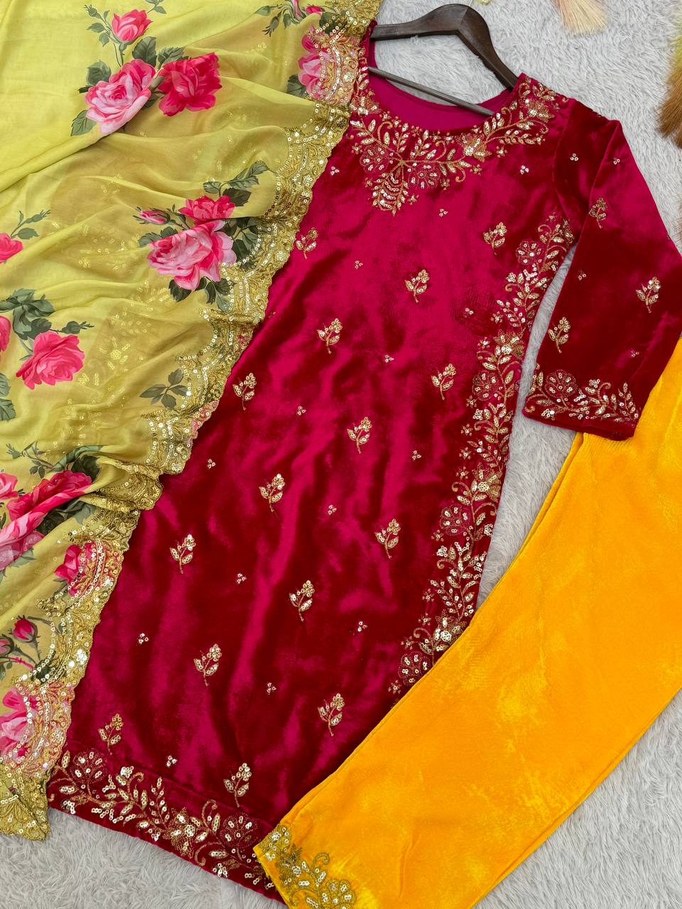 Function Wear Velvet Red Color Sequence Plazzo Suit