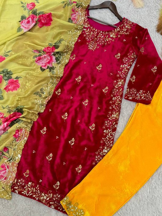Function Wear Velvet Red Color Sequence Plazzo Suit