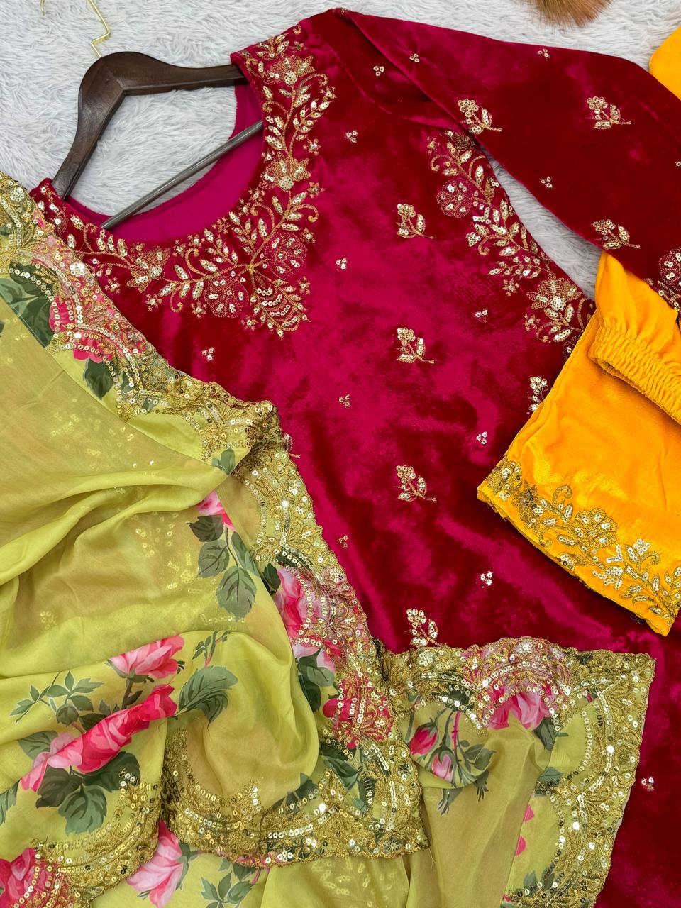 Function Wear Velvet Red Color Sequence Plazzo Suit