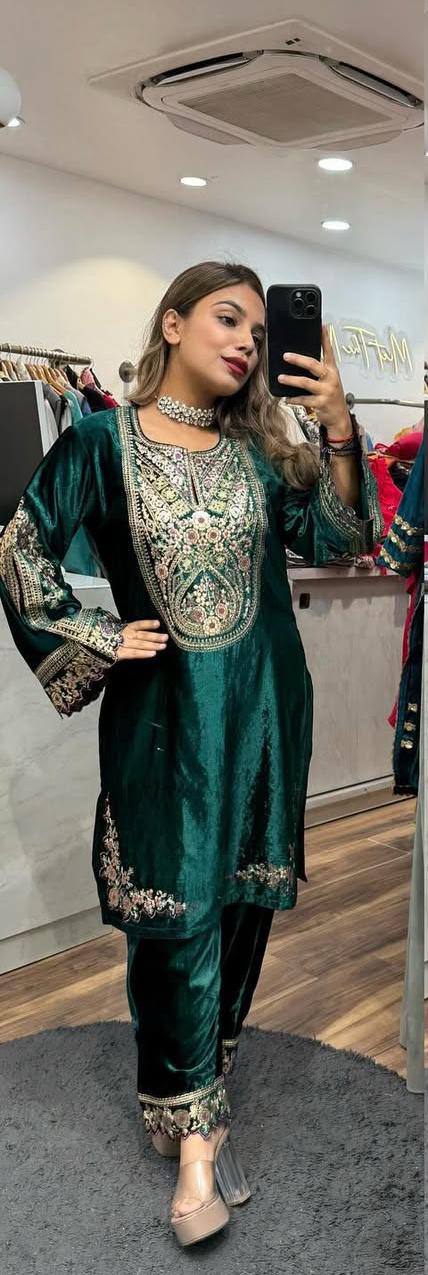 Adorable Green Color Velvet Embroidery Work Salwar Suit