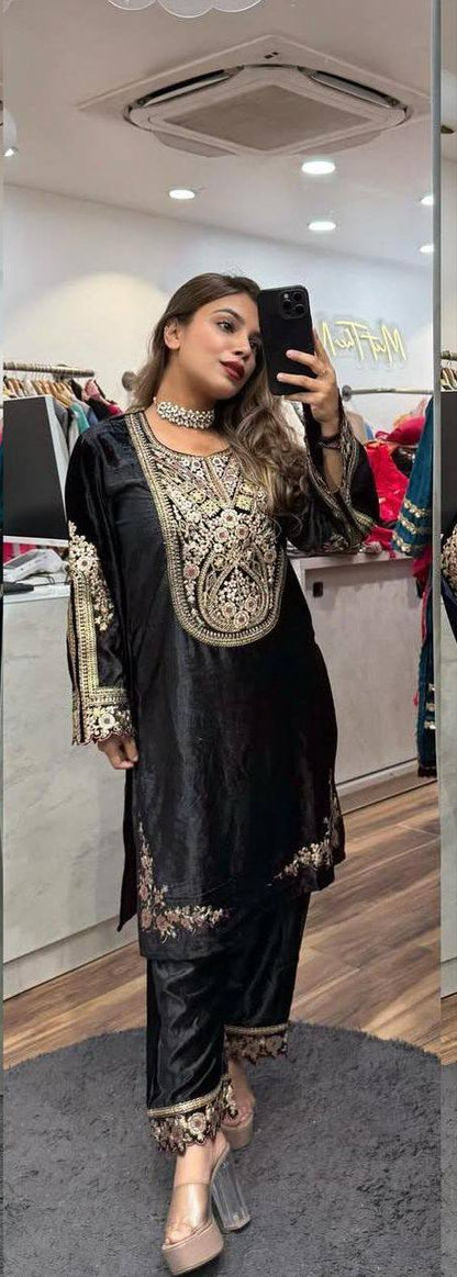 Adorable Black Color Velvet Embroidery Work Salwar Suit