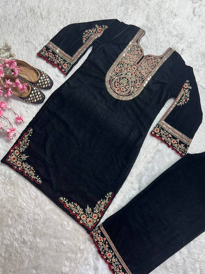 Adorable Black Color Velvet Embroidery Work Salwar Suit