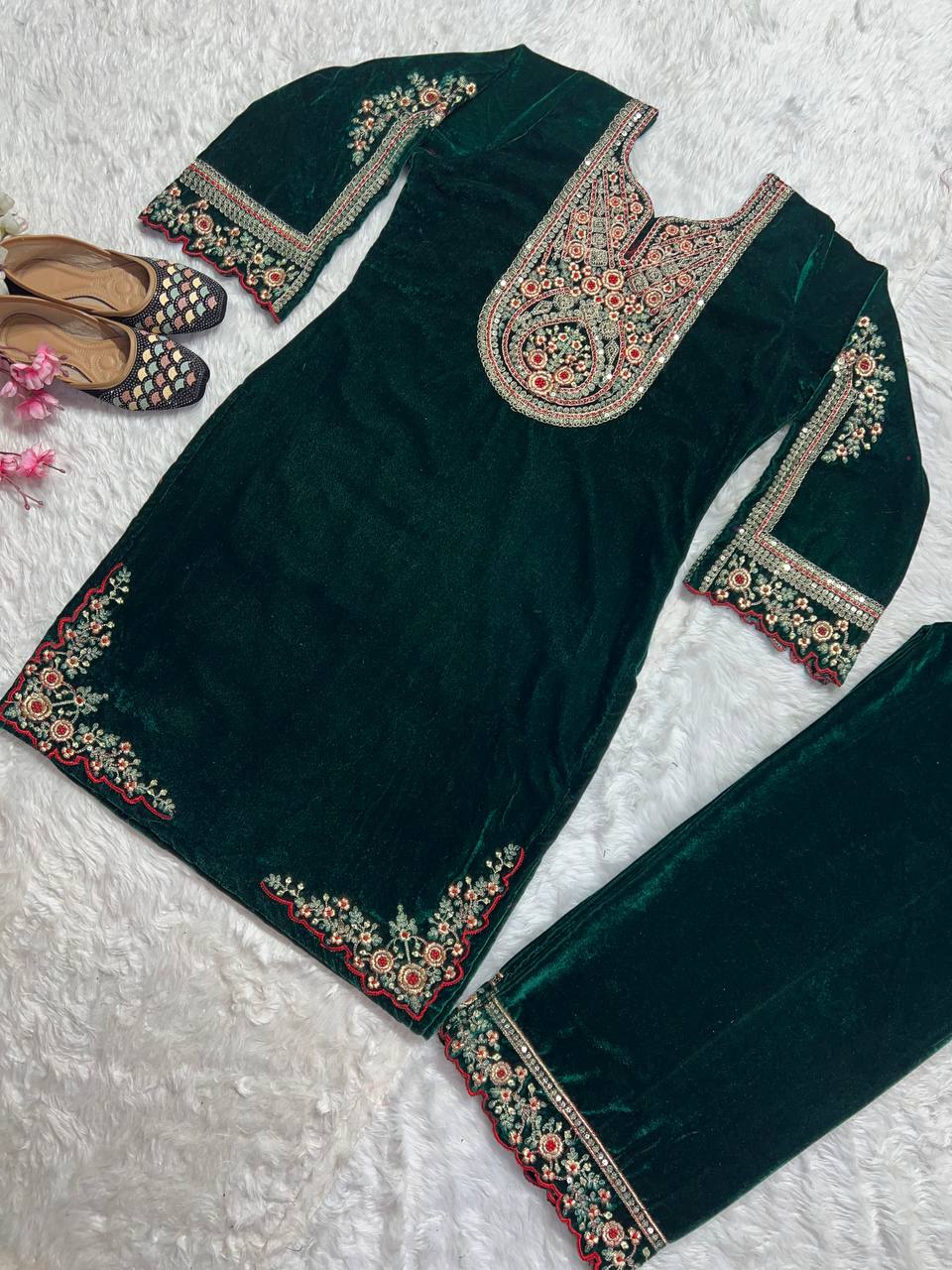 Adorable Green Color Velvet Embroidery Work Salwar Suit