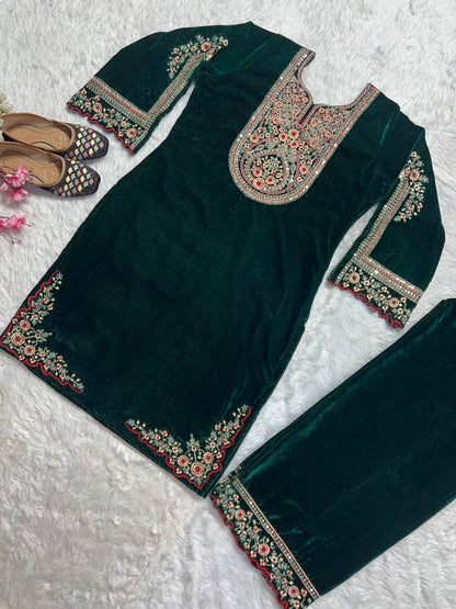 Adorable Green Color Velvet Embroidery Work Salwar Suit