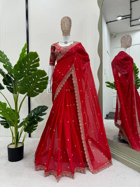 Wedding Wear Heavy Sequence Work Red Color Saree