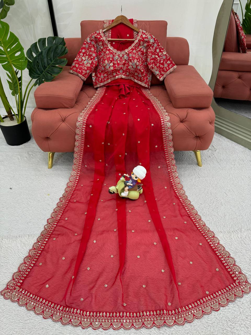 Wedding Wear Heavy Sequence Work Red Color Saree