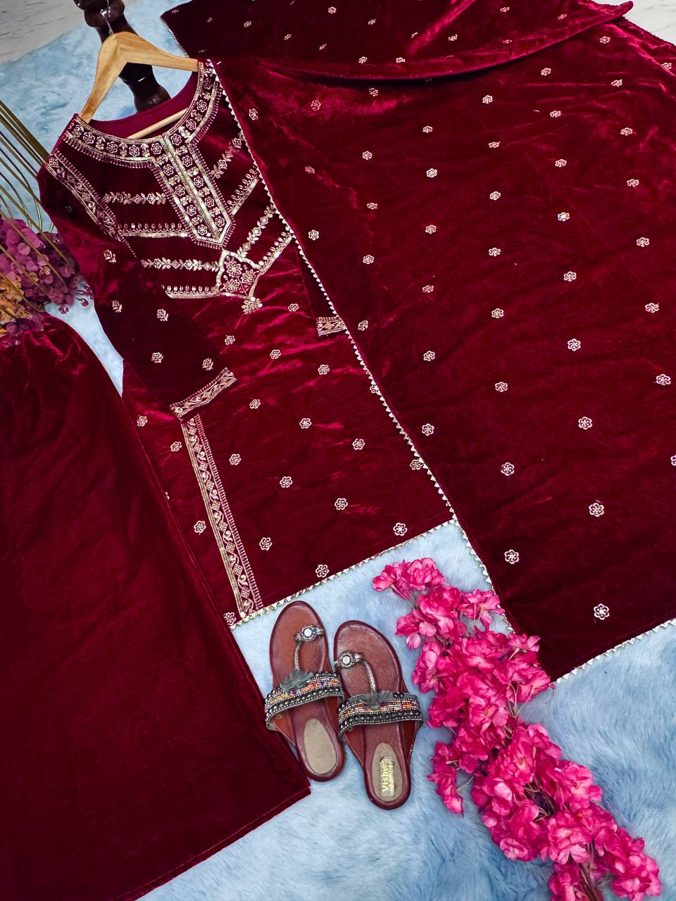 Elegant Embroidery Work Maroon Color Velvet Top With Plazzo & Dupatta