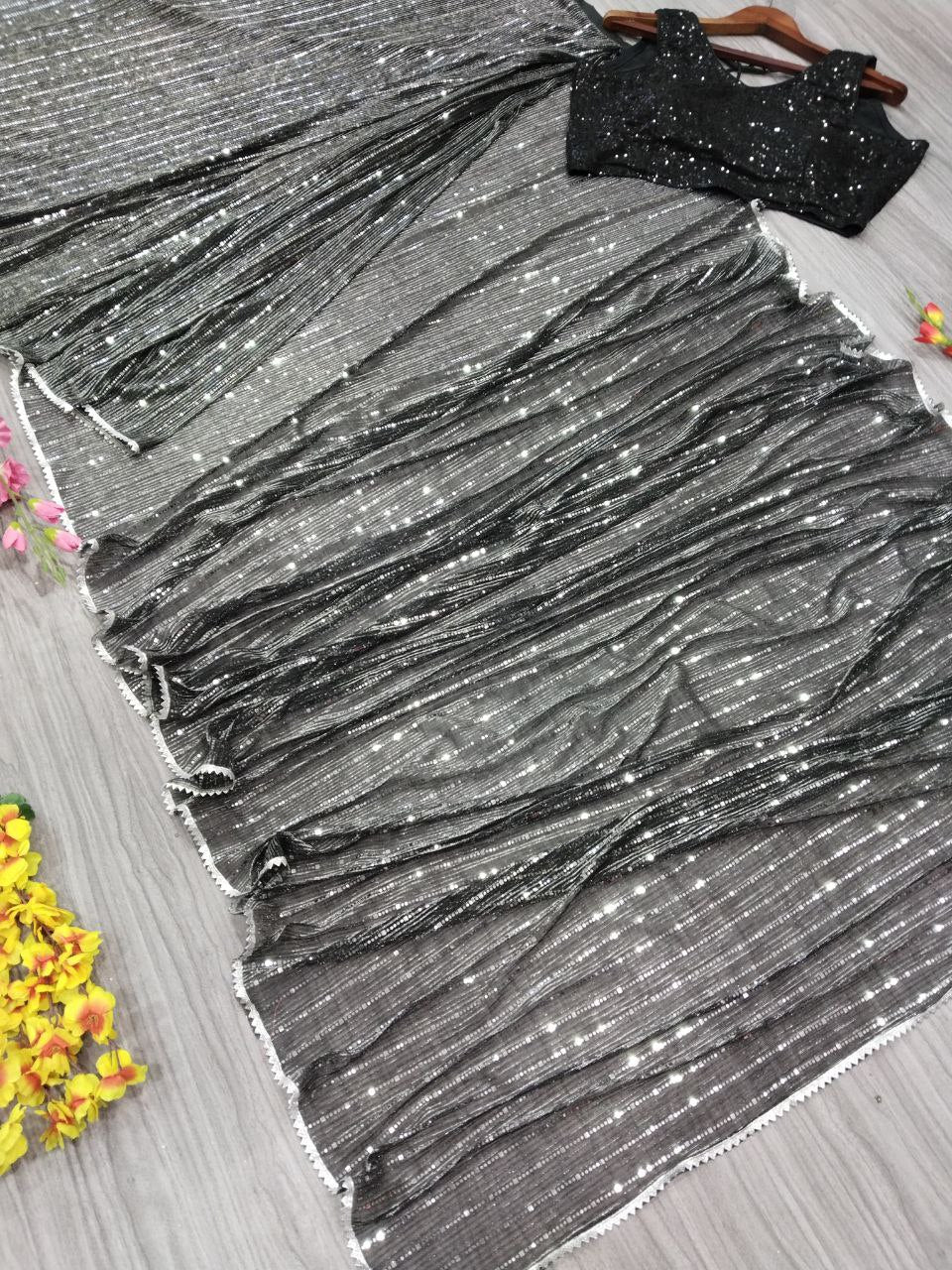 Party Wear With Heavy Tikli Work Black Color Saree