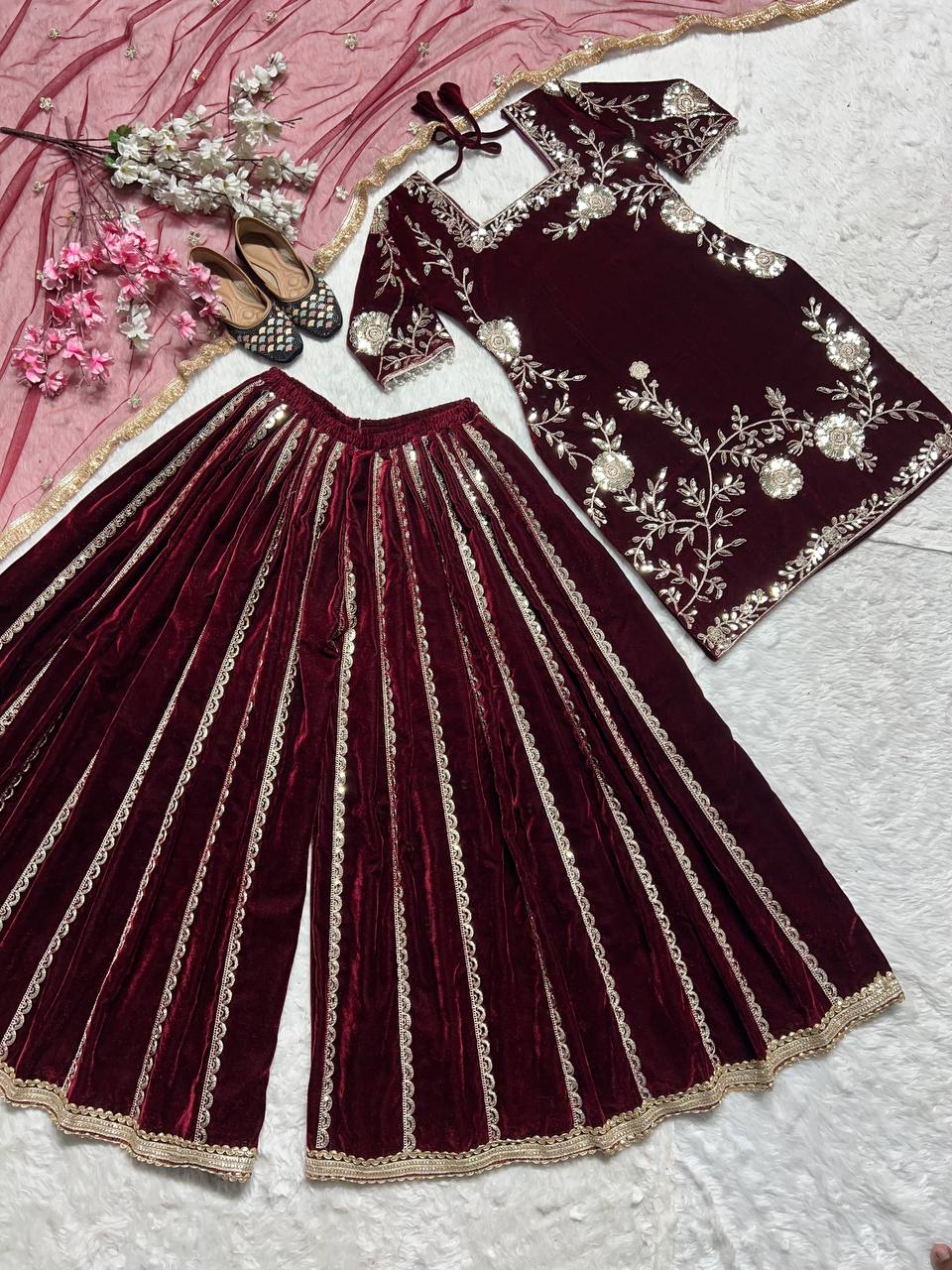 Elegant Velvet Maroon Color Sequence Work Sharara Suit