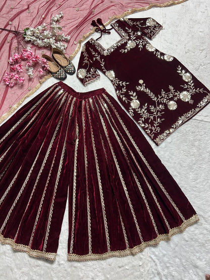Elegant Velvet Maroon Color Sequence Work Sharara Suit