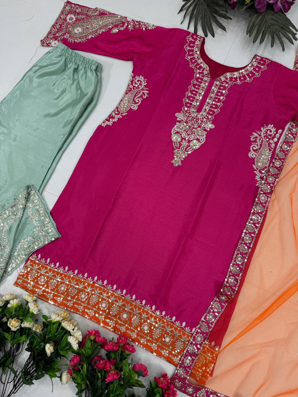 Outstanding Pink Color Sequences Work Plazzo Suit