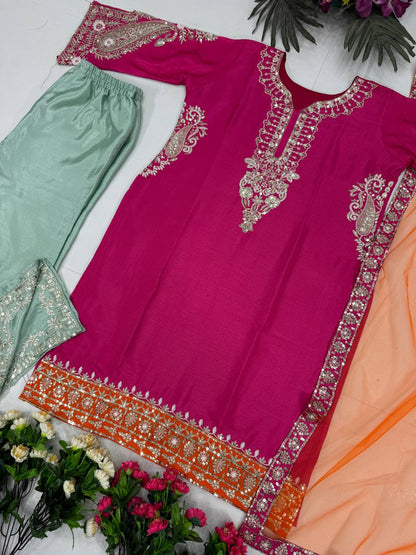 Outstanding Pink Color Sequences Work Plazzo Suit