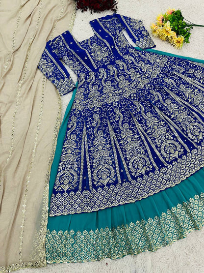 Function Wear Heavy Embroidery Work Blue Color Top With Lehenga