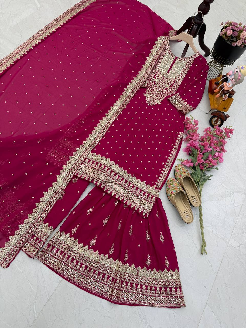 Designer Embroidery WIth Sequence Work Pink Sharara Suit