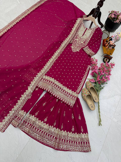 Designer Embroidery WIth Sequence Work Pink Sharara Suit