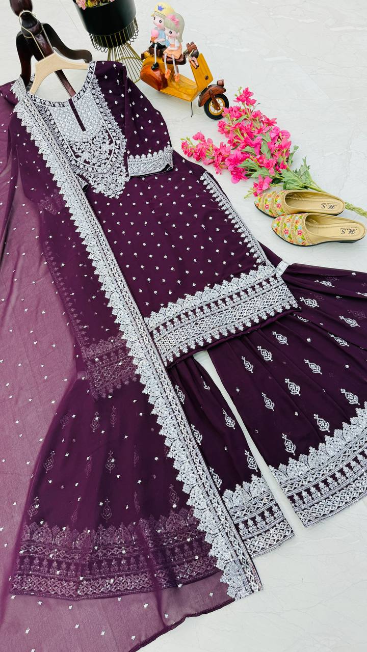 Designer Embroidery WIth Sequence Work Wine Sharara Suit