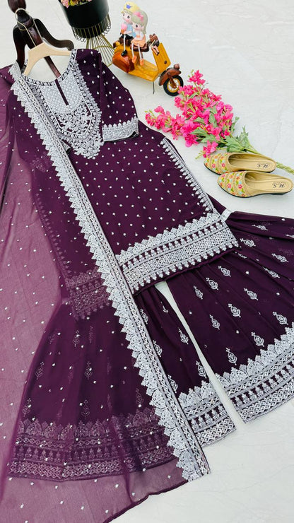 Designer Embroidery WIth Sequence Work Wine Sharara Suit