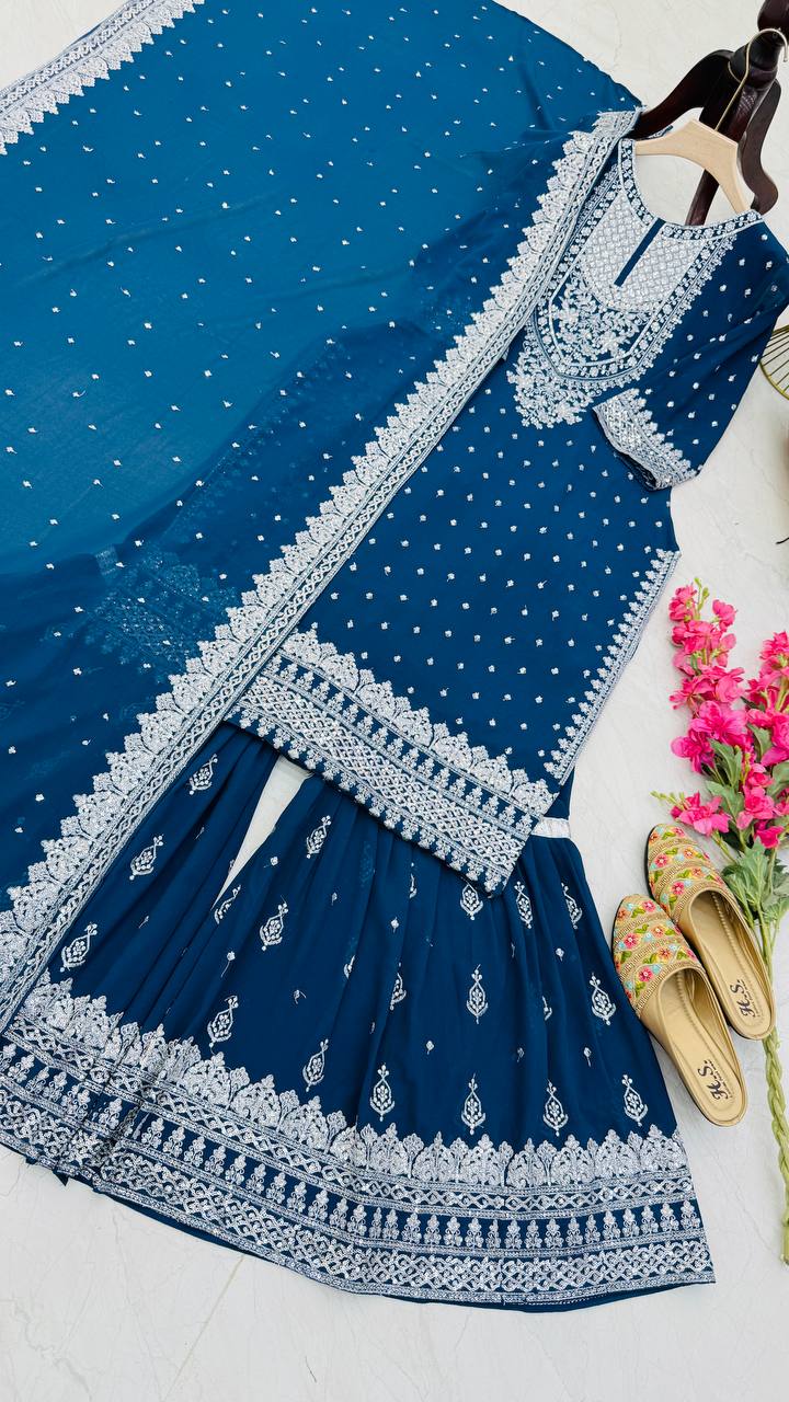 Designer Embroidery WIth Sequence Work Sky Blue Sharara Suit