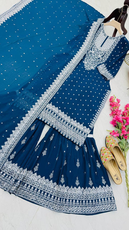 Designer Embroidery WIth Sequence Work Sky Blue Sharara Suit