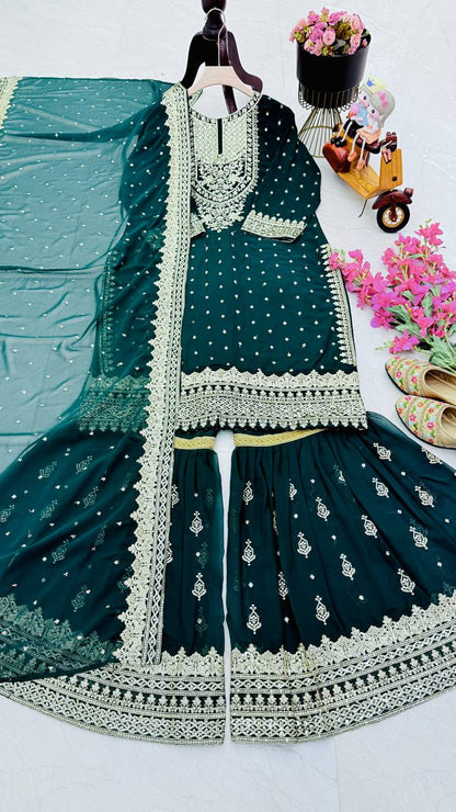 Designer Embroidery WIth Sequence Work Green Sharara Suit