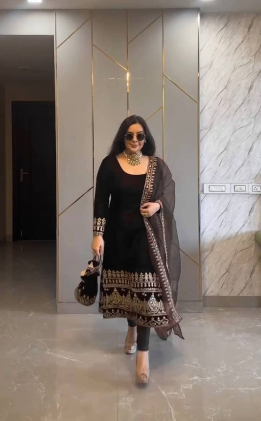 Fantastic Velvet Sequence Work Black Color Salwar Suit