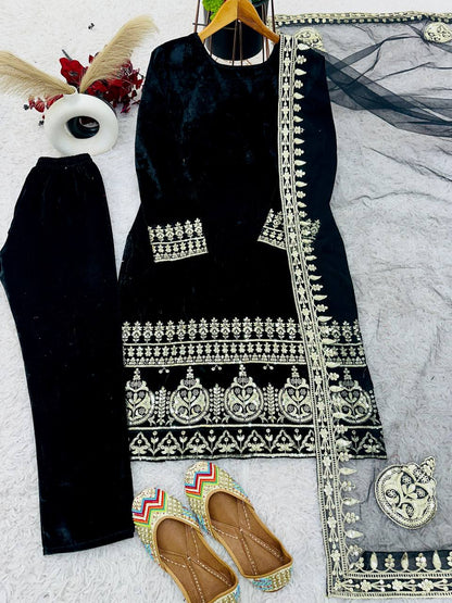 Fantastic Velvet Sequence Work Black Color Salwar Suit