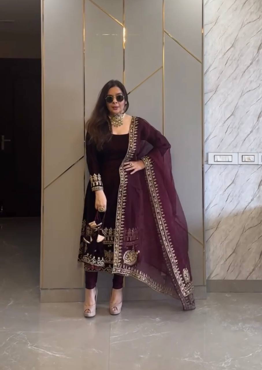 Fantastic Velvet Sequence Work Wine Color Salwar Suit