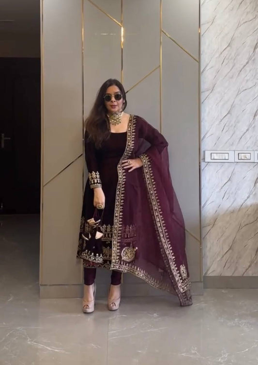 Fantastic Velvet Sequence Work Wine Color Salwar Suit
