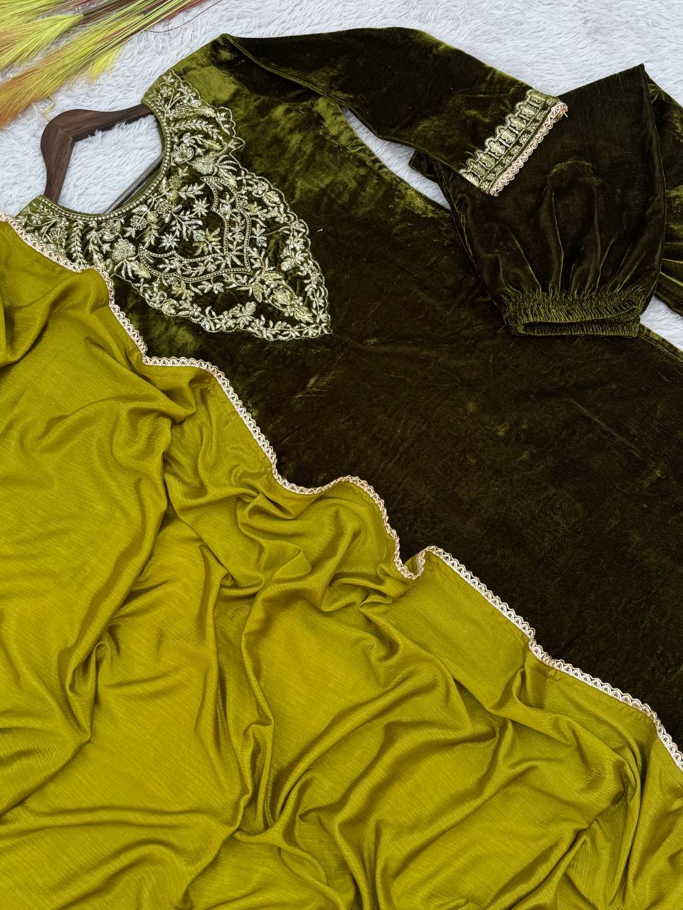 Fantastic Velvet Embroidery Work Mehndi Colour Kurti Set