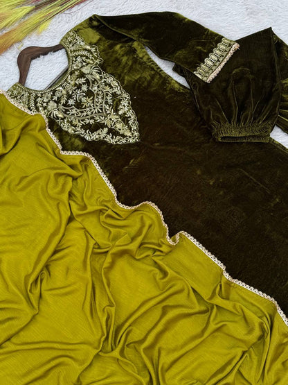 Fantastic Velvet Embroidery Work Mehndi Colour Kurti Set