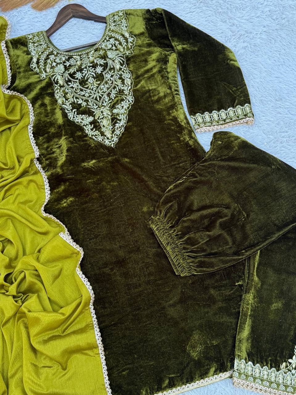 Fantastic Velvet Embroidery Work Mehndi Colour Kurti Set