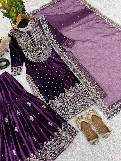 Fashionable Sequence Work Purple Color Top With Plazzo Suit