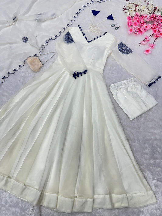 Unique White Color Embroidery Work Anarkali Gown