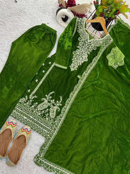Festive Wear Green Color Sequence Work Kurti Set With Dupatta