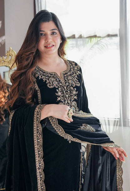 Festive Wear Black Color Sequence Work Kurti Set With Dupatta