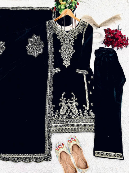 Festive Wear Black Color Sequence Work Kurti Set With Dupatta