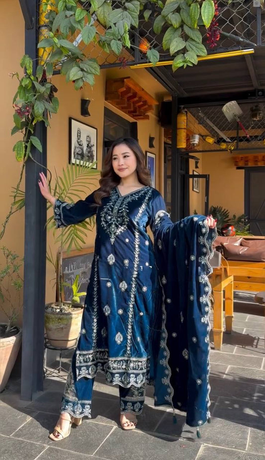 Wonderful Velvet Sequence Work Teal Blue Color Salwar Suit