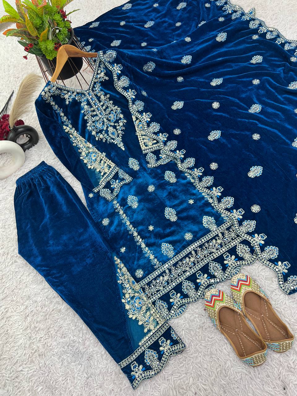 Wonderful Velvet Sequence Work Teal Blue Color Salwar Suit