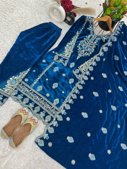 Wonderful Velvet Sequence Work Teal Blue Color Salwar Suit