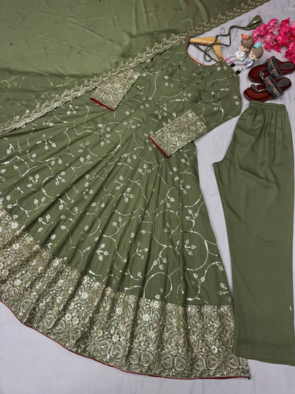 Function Wear Embroidery Work Mehndi Color Gown