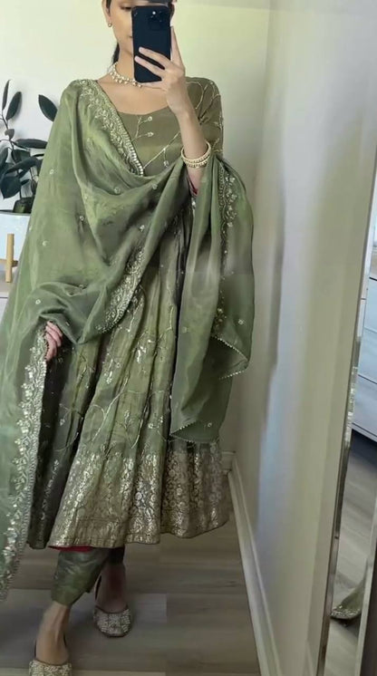 Function Wear Embroidery Work Mehndi Color Gown