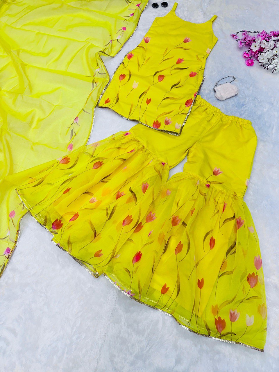 Yellow Color Haldi Wear Floral Printed Sharara Suit