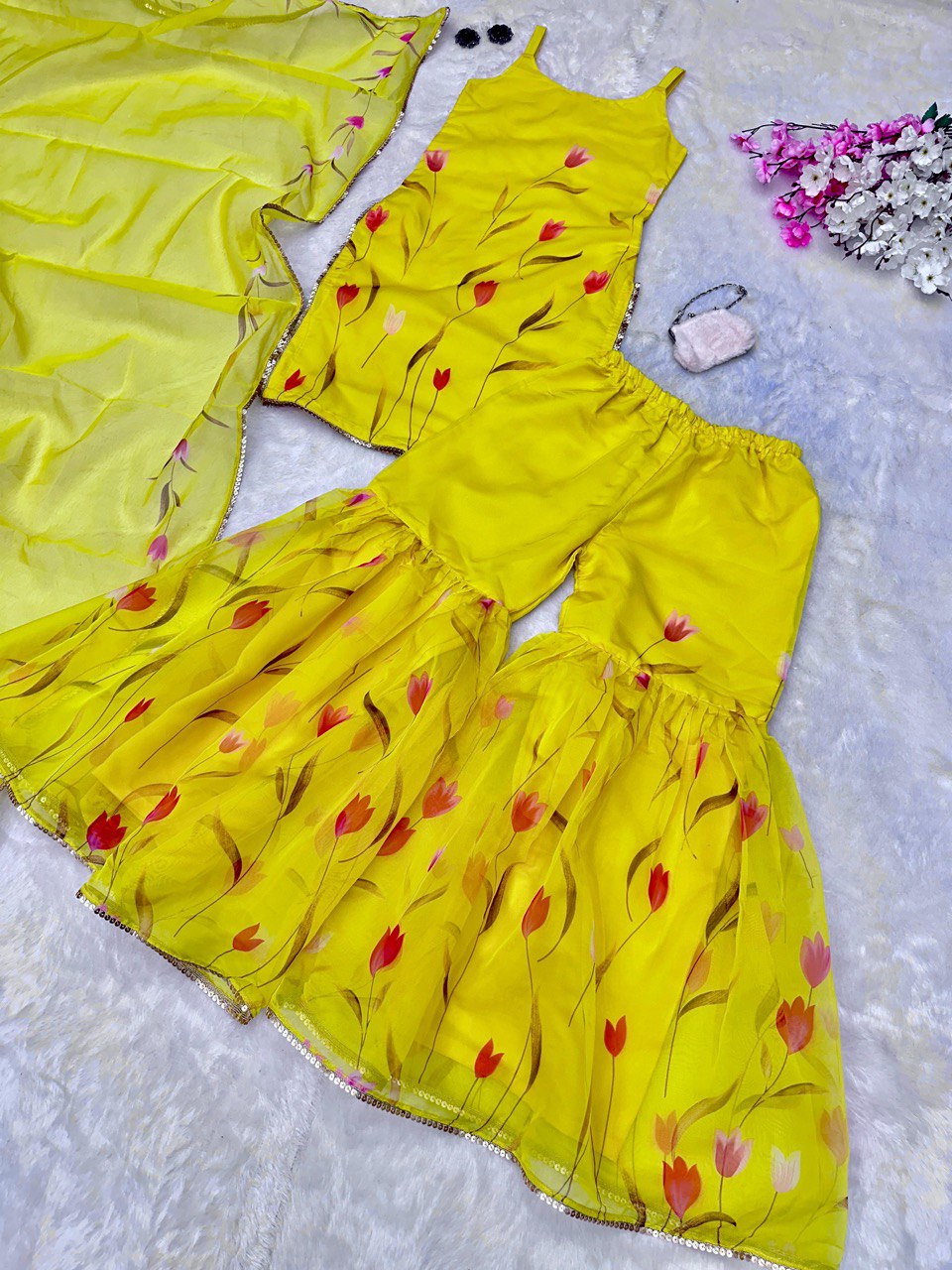 Yellow Color Haldi Wear Floral Printed Sharara Suit